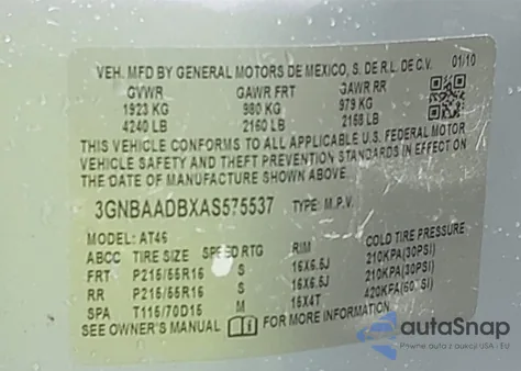 2010 Chevrolet Hhr Ls from USA, damaged, VIN 3GNBAADBXAS575537